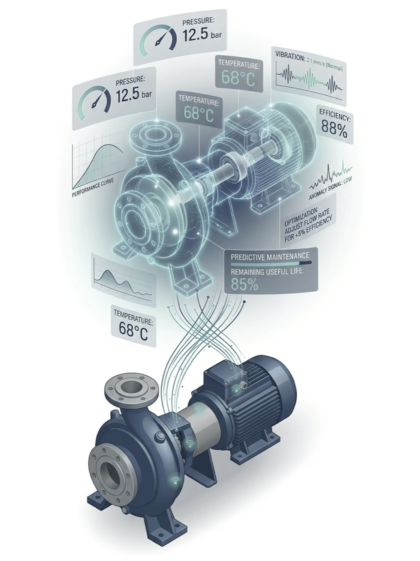 An illustration of a digital twin: a pump on the plant floor streaming live data up to a model of itself, annotated with pressure, temperature, vibration, efficiency and remaining-useful-life readings.