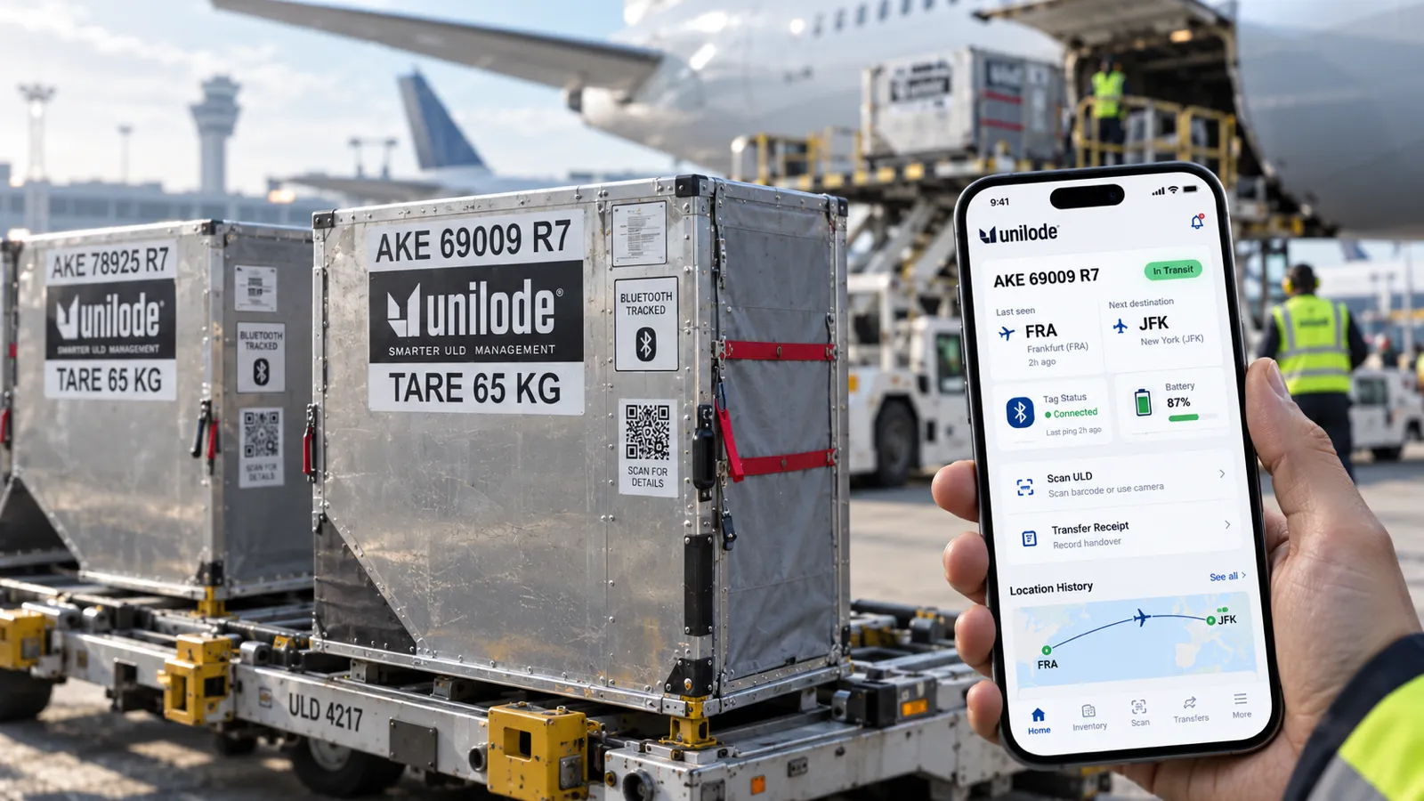 Two Unilode air-cargo ULD containers on an airport dolly beside a freighter being loaded, with a hand holding a phone running the Unilode app tracking ULD AKE 69009 R7 in transit from Frankfurt (FRA) to New York (JFK).