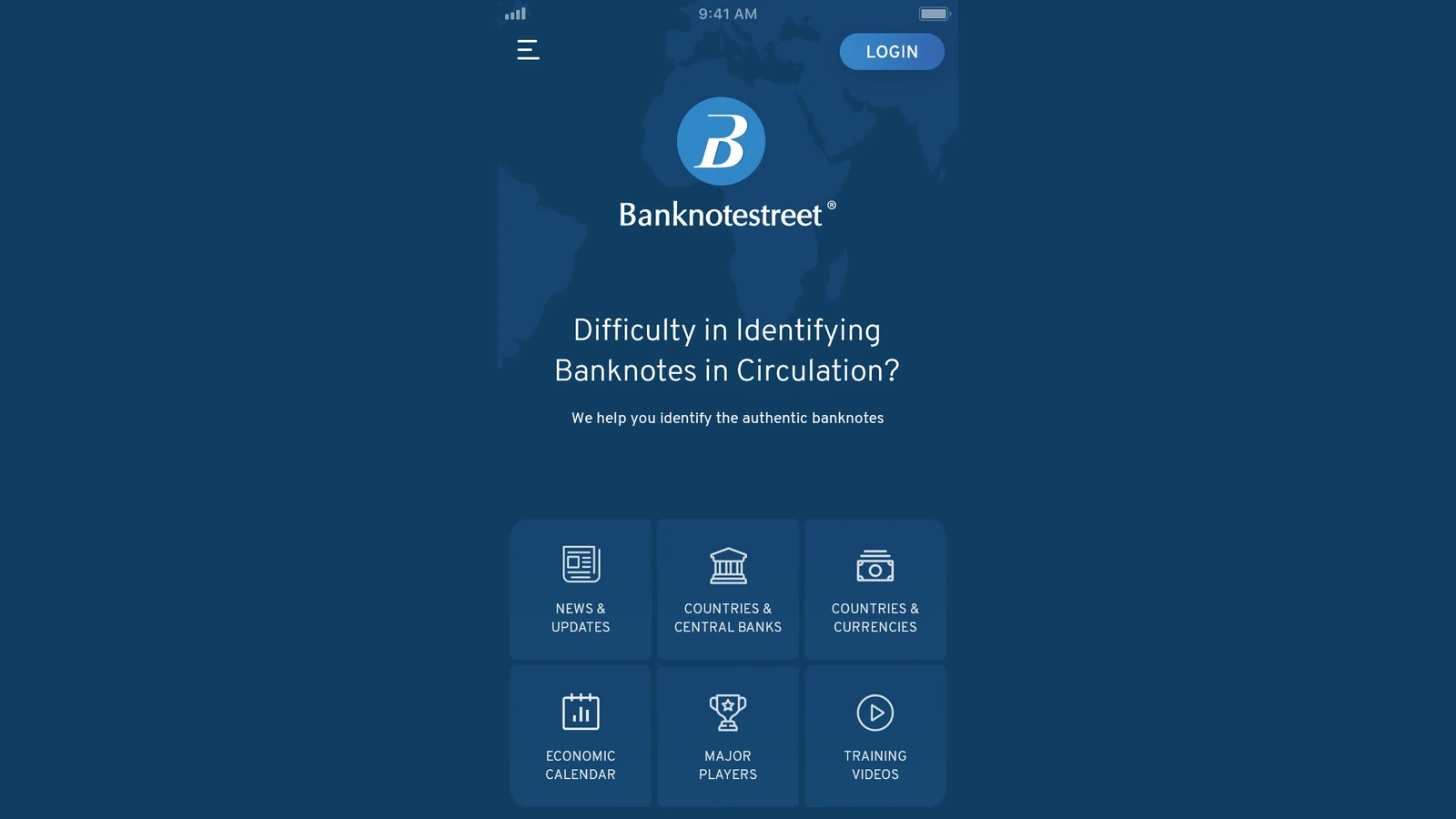 The Banknotestreet mobile app home screen — banknote identification, currencies and training modules.