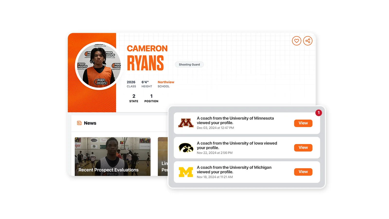The Prep Hoops platform showing a high-school player's profile — class, height, position and stats — with notification cards telling the player that college coaches from Minnesota, Iowa and Michigan viewed their profile.