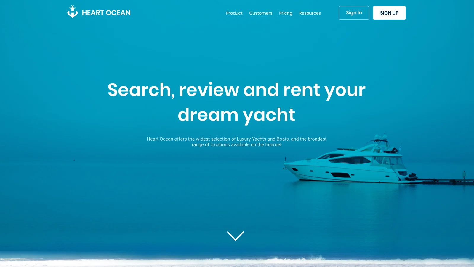 The approved HeartOcean landing-page design: the headline "Search, review and rent your dream yacht" over open water, with a motor yacht at a jetty and sign-in and sign-up buttons.