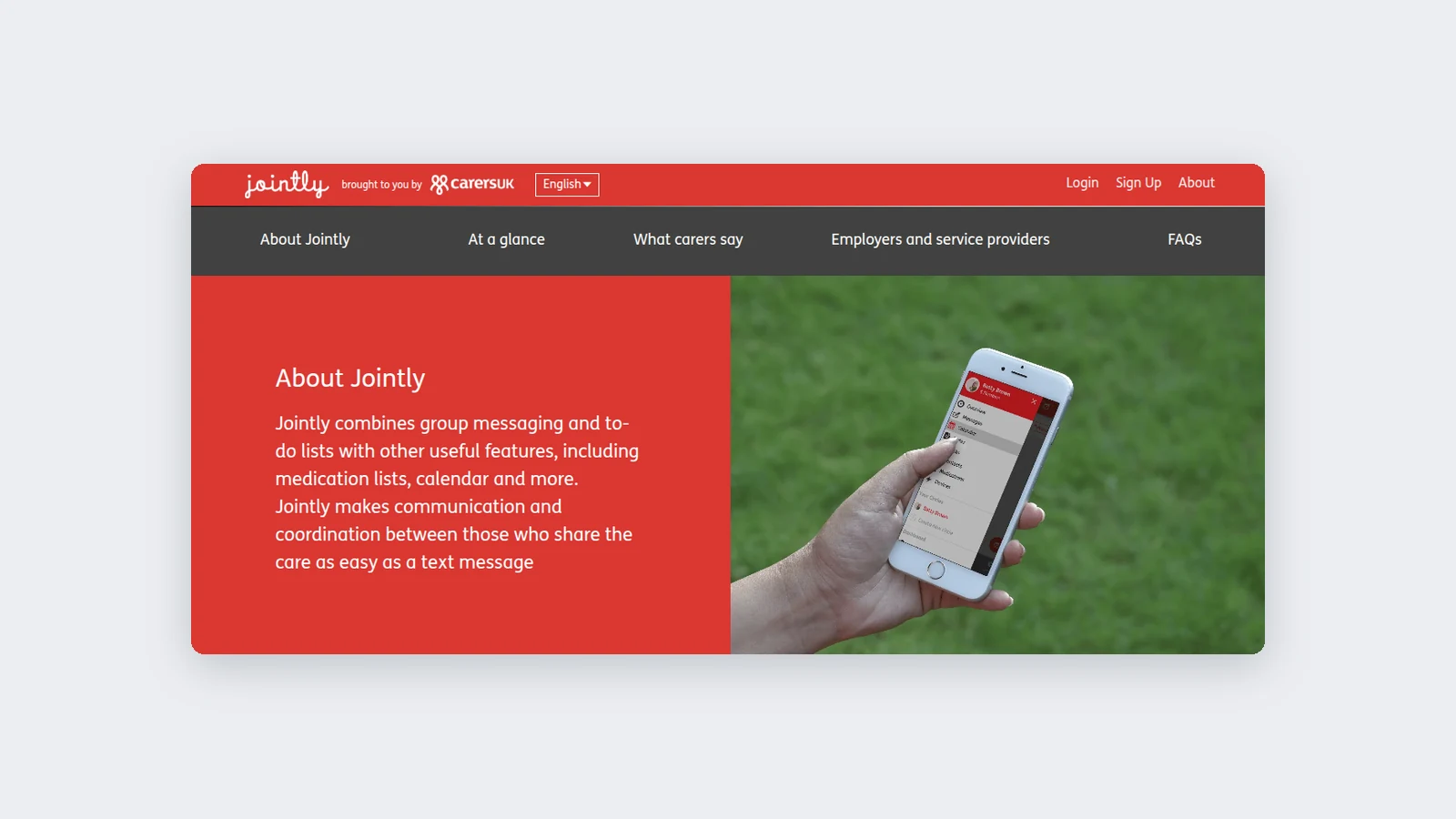 The Jointly website, brought to you by Carers UK: an About Jointly panel describing group messaging, to-do lists, medication lists and calendar, beside a photo of a hand holding a phone running the app.