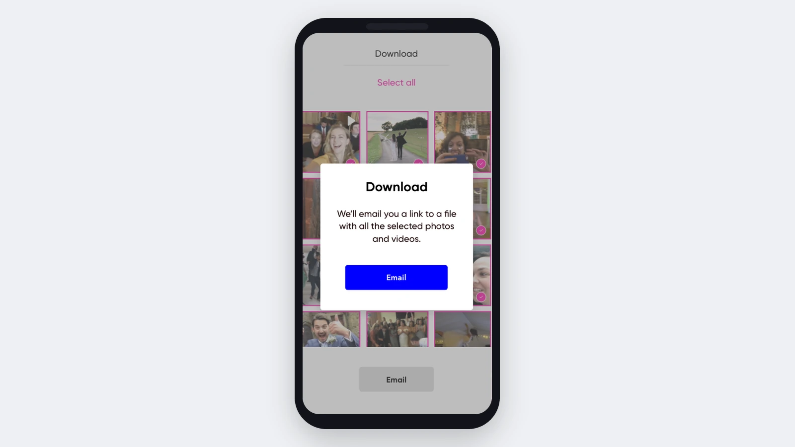 The vidiCrew mobile app — collaborative event photo and video gallery with a download flow.