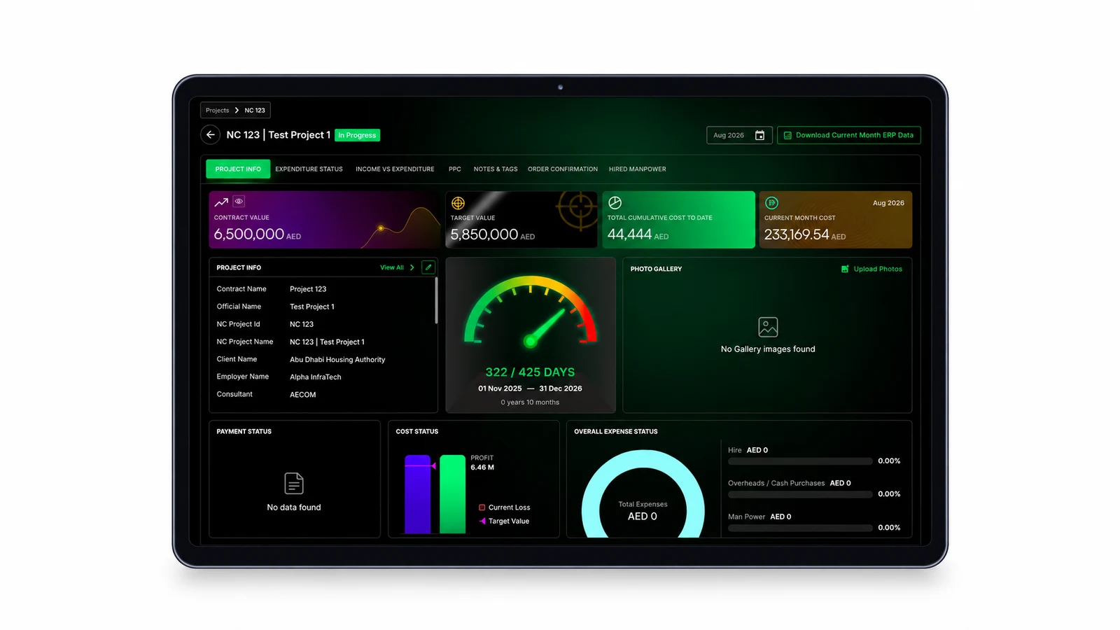 A construction cost-intelligence dashboard for a live project — contract and target value, cumulative and current-month cost, a project-timeline gauge, and profit and expense status.