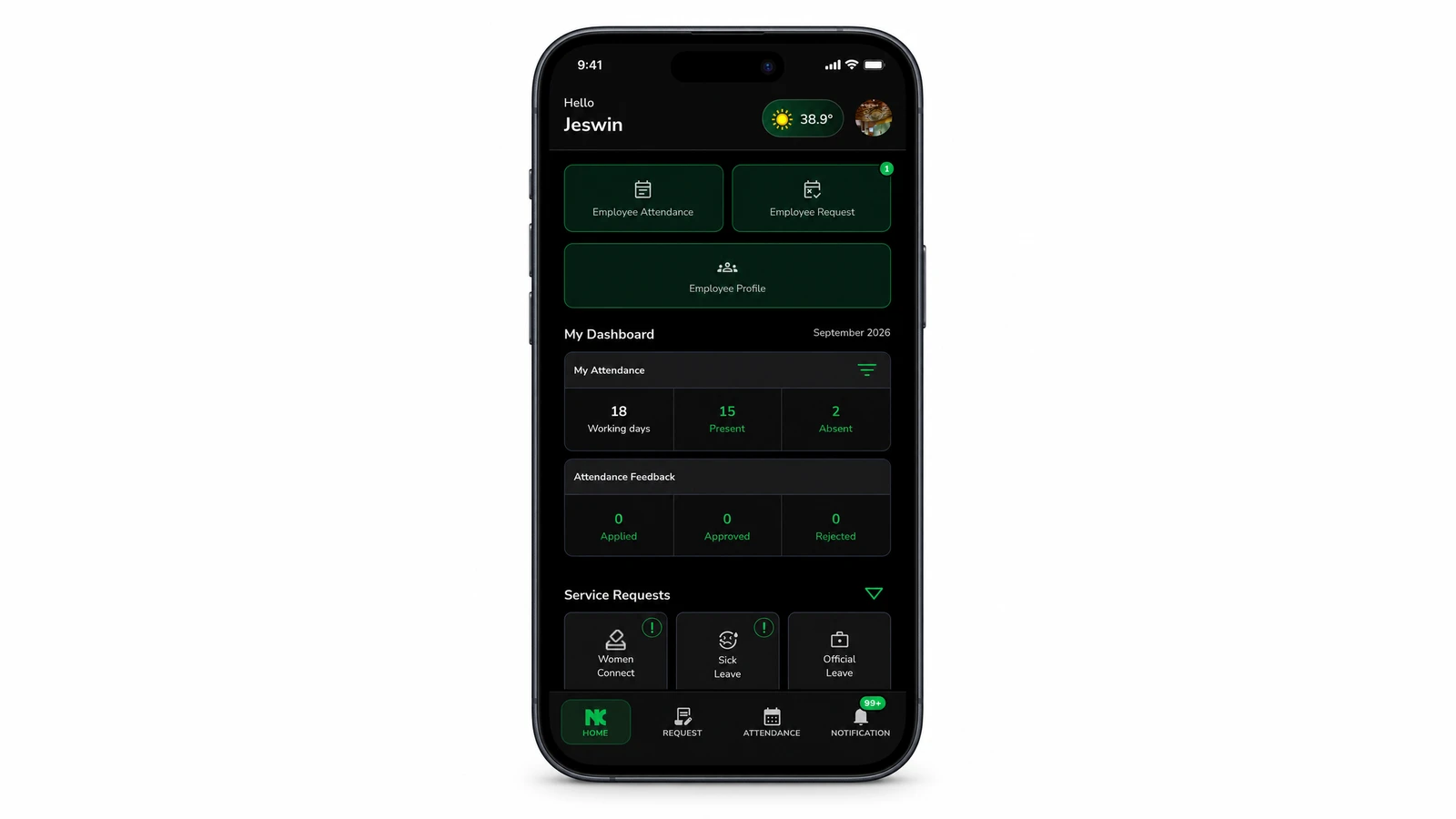 The Nael workforce mobile app on a phone — attendance dashboard (working days, present, absent), employee attendance, requests and profile, and service requests including sick and official leave.