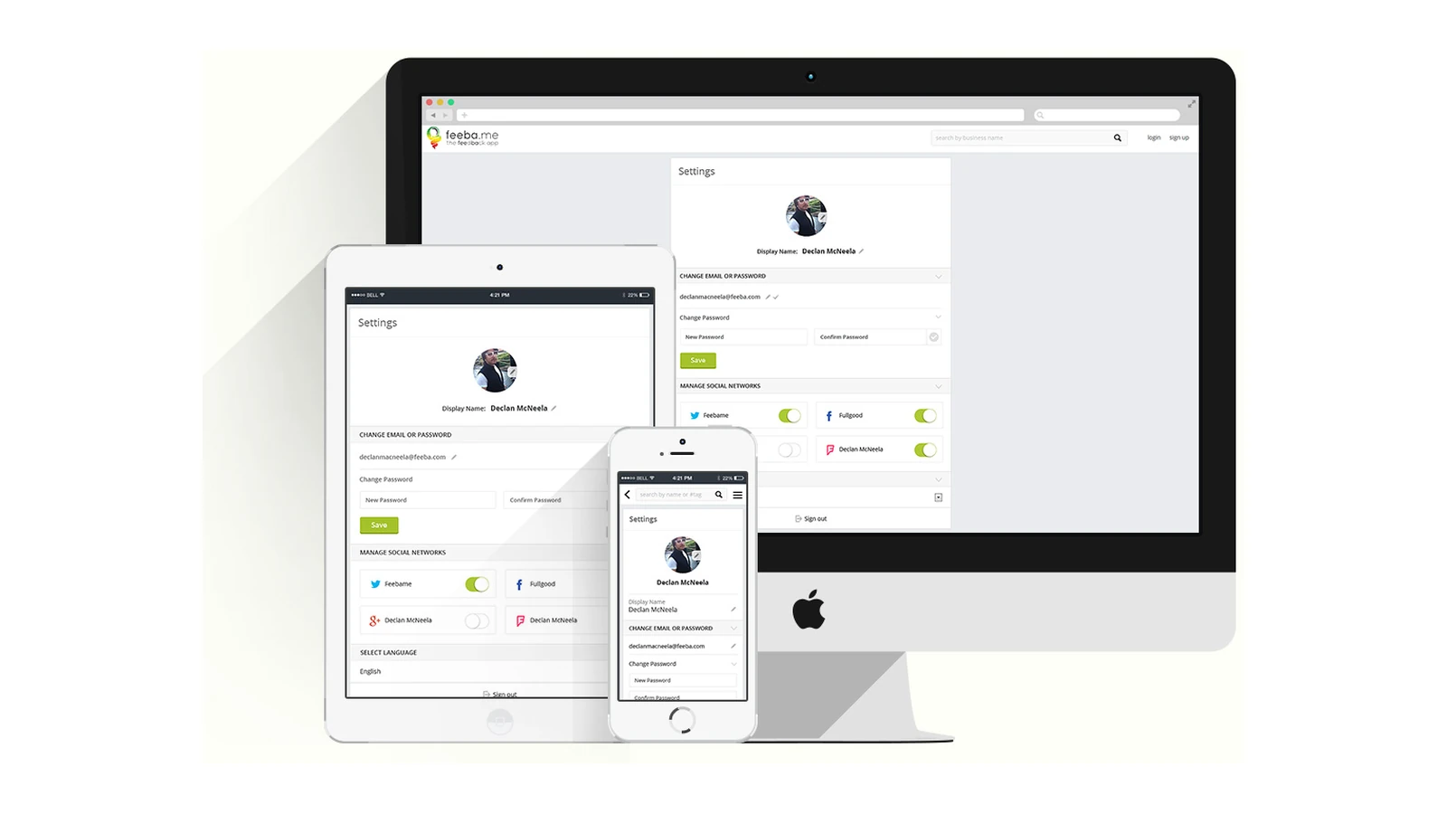The feeba.me customer-feedback platform shown across desktop, tablet and mobile.