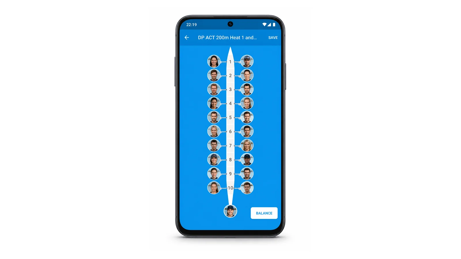The Dragon King app on a phone showing a dragon-boat crew line-up — paddlers arranged in ten numbered seat pairs down the boat with a drummer at the front, and Save and Balance controls.