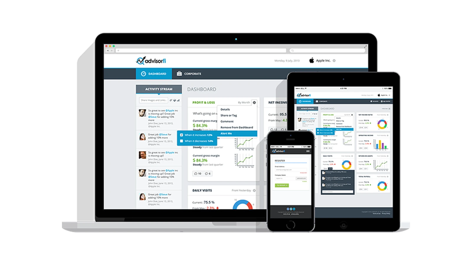 The AdvisorFi platform across a laptop, tablet and phone — a financial dashboard with Profit & Loss, net income, gross-margin trends and an activity stream, plus mobile dashboard and registration screens.