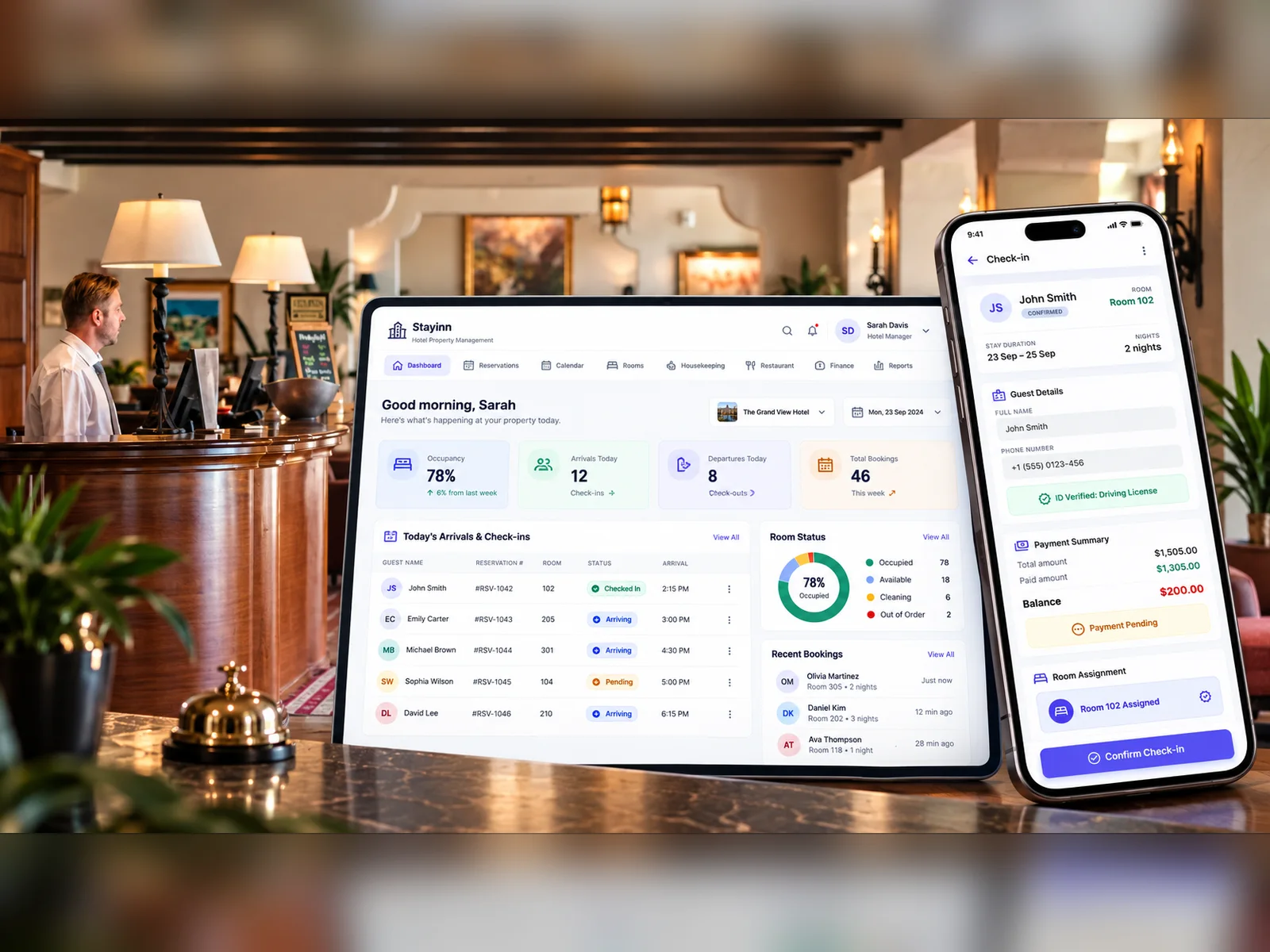 The Willmount property management system running at a hotel front desk: the web dashboard showing occupancy, the day's arrivals and live room status, beside the mobile app completing a guest check-in and room assignment.