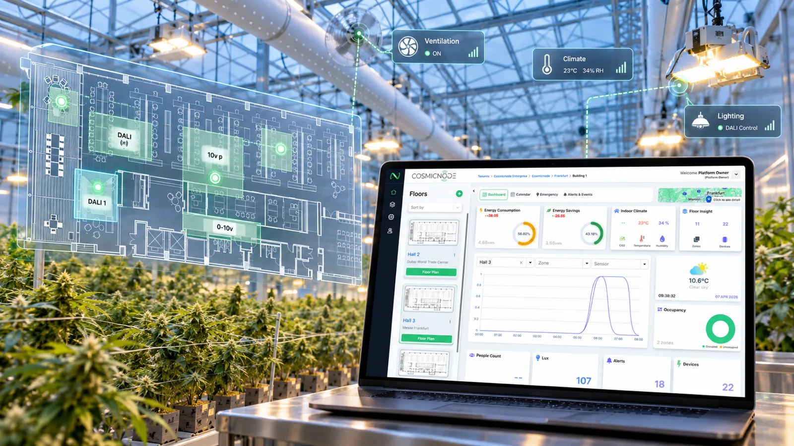 A greenhouse of plants under connected LED grow lights, with a laptop showing the CosmicNode Infinity dashboard — a floor-plan estate view with energy, climate, occupancy and device metrics — a floor-plan overlay marking DALI and 0–10V lighting zones, and live ventilation, climate and lighting controls.