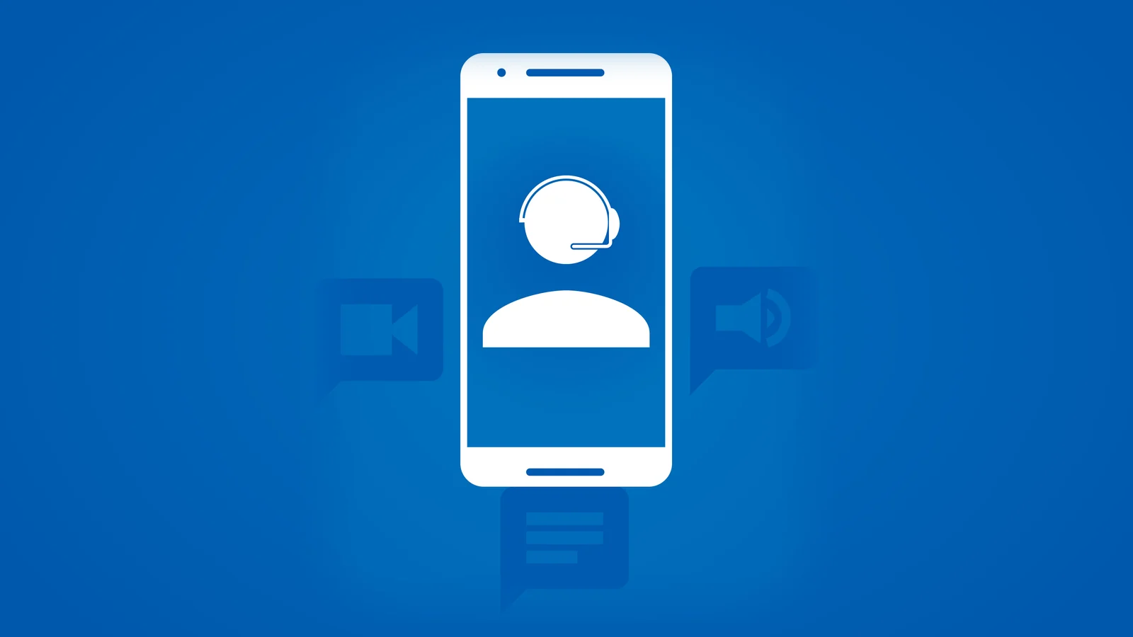 An illustration of a phone showing a contact, with video-call, audio-call and chat icons around it.