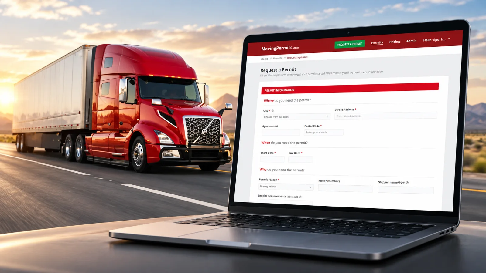 A red semi-truck on a highway beside a laptop showing the MovingPermits.com Request a Permit form — choosing a city, street address and postal code, permit start and end dates, and the permit reason (Moving Vehicle).