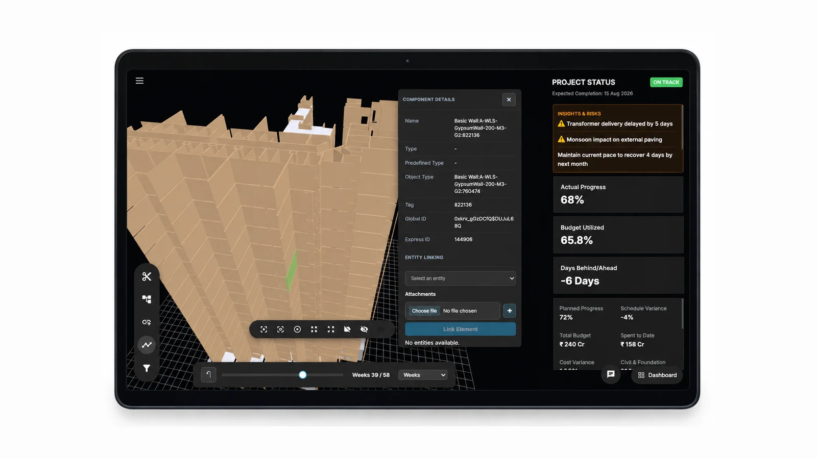 A construction-progress digital twin: a BIM model of a building on a grid alongside a live project-status panel showing progress, budget and schedule-risk insights.