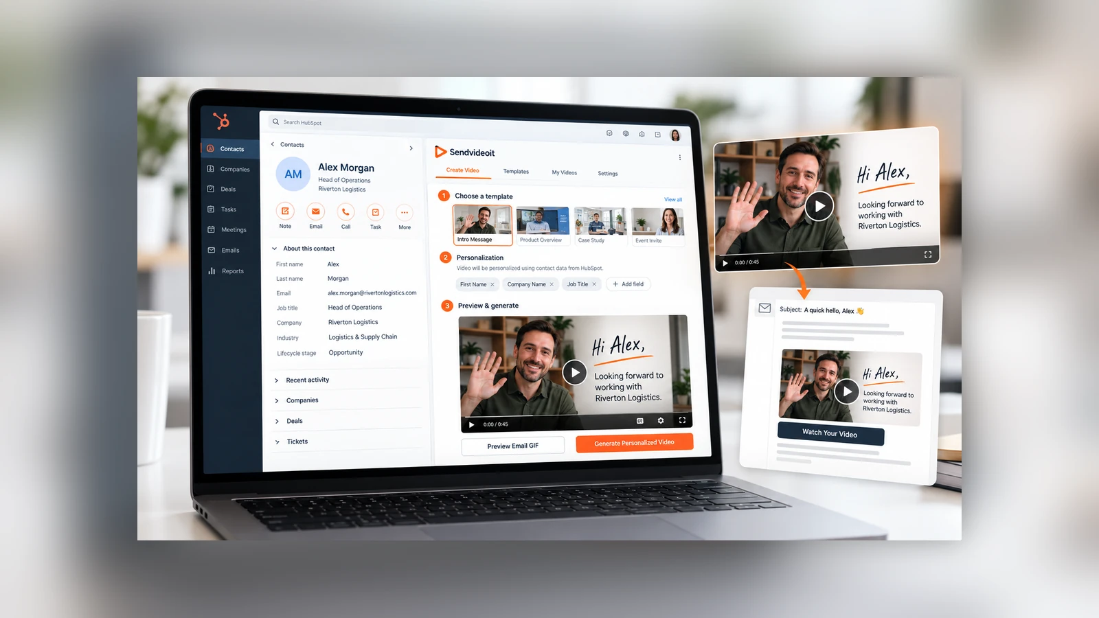 The Sendvideoit HubSpot app generating a personalized prospect video from a contact record, with the video embedded in a sales email.