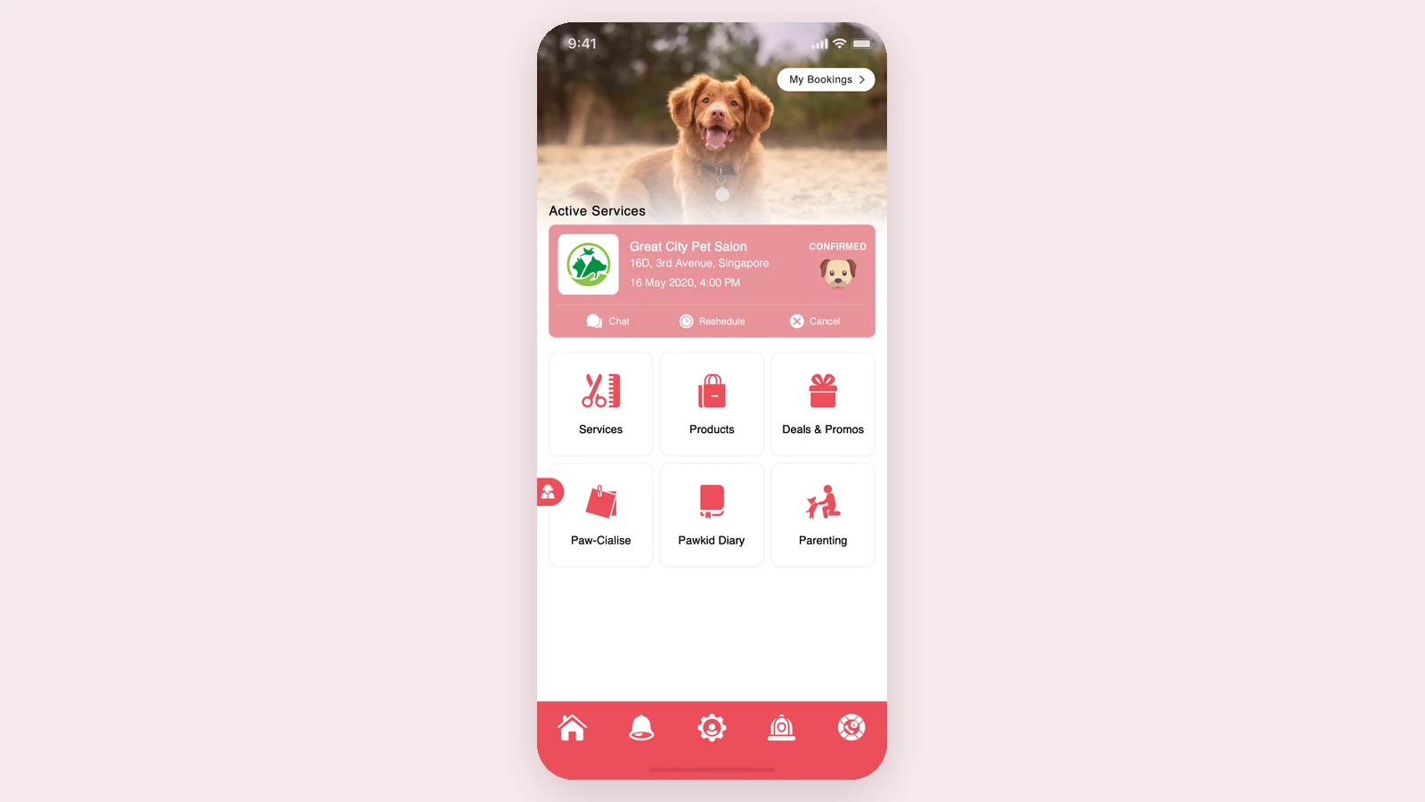 The PawSanta pet-owner app home screen: a confirmed grooming booking with chat, reschedule and cancel, and tiles for Services, Products, Deals & Promos, Paw-Cialise, Pawkid Diary and Parenting.