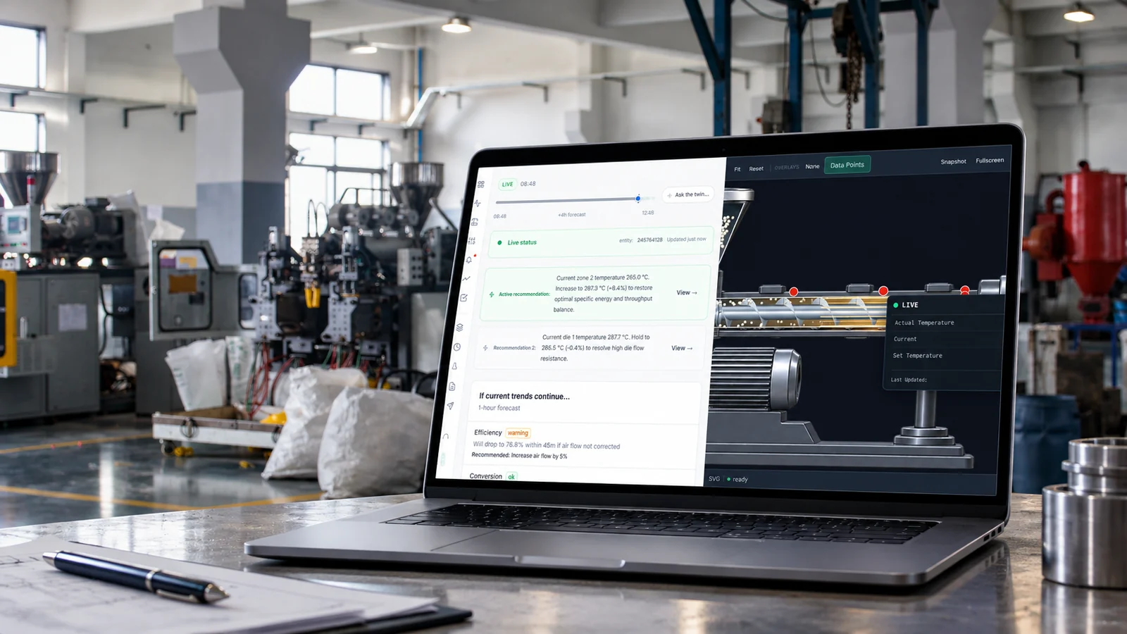 The extruder digital twin on a laptop at the line: live status, temperature recommendations with the reason for each, and a 3D view of the machine with live data points.