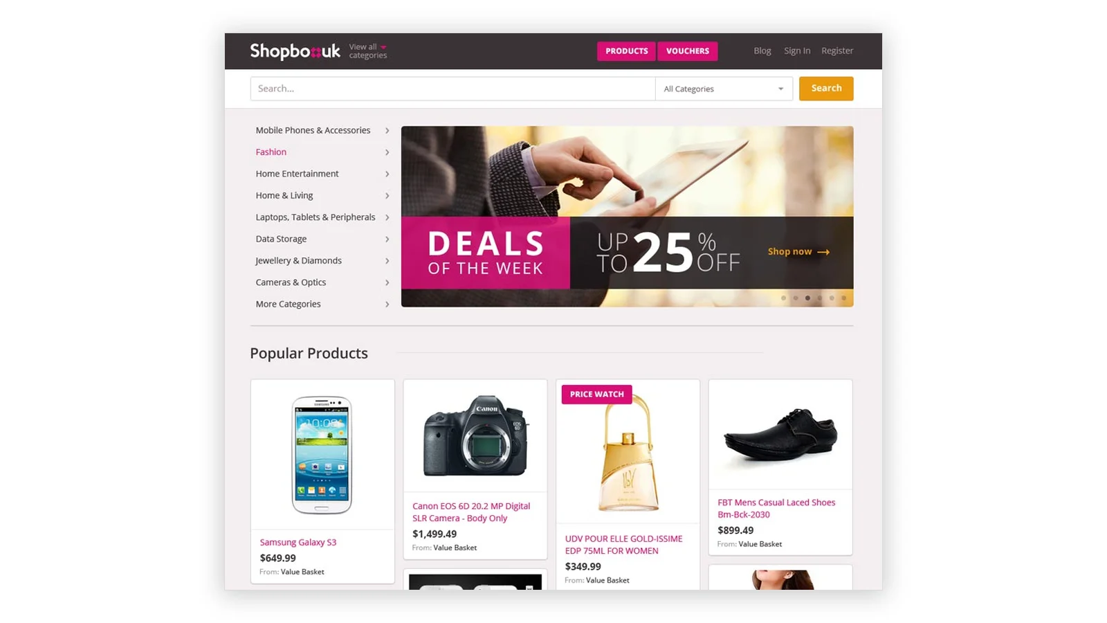 The ShopBoxUK homepage: a category rail, a deals-of-the-week banner, and a grid of products — each showing its price and the retailer it came from, one flagged Price Watch.