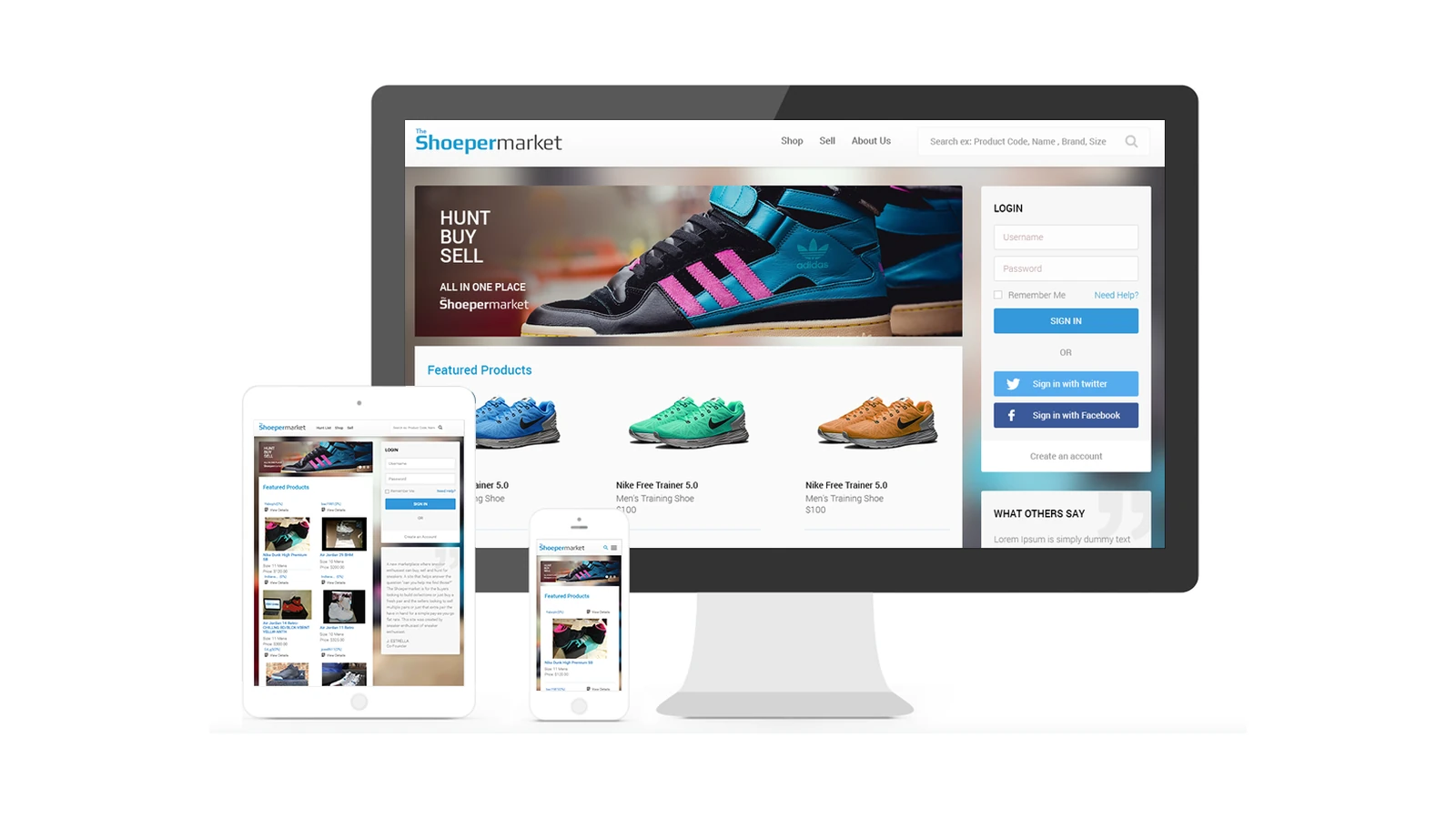 The ShoeperMarket two-sided shoe marketplace shown across desktop, tablet and mobile.