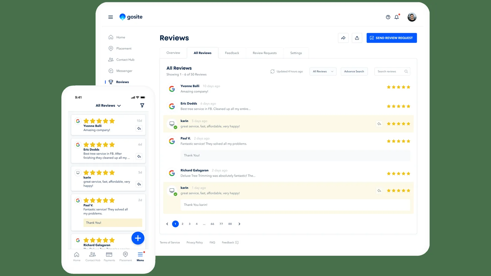 The GoSite platform's reviews dashboard on desktop and mobile — customer reviews with star ratings, a Send Review Request button, and staff replying to reviews.