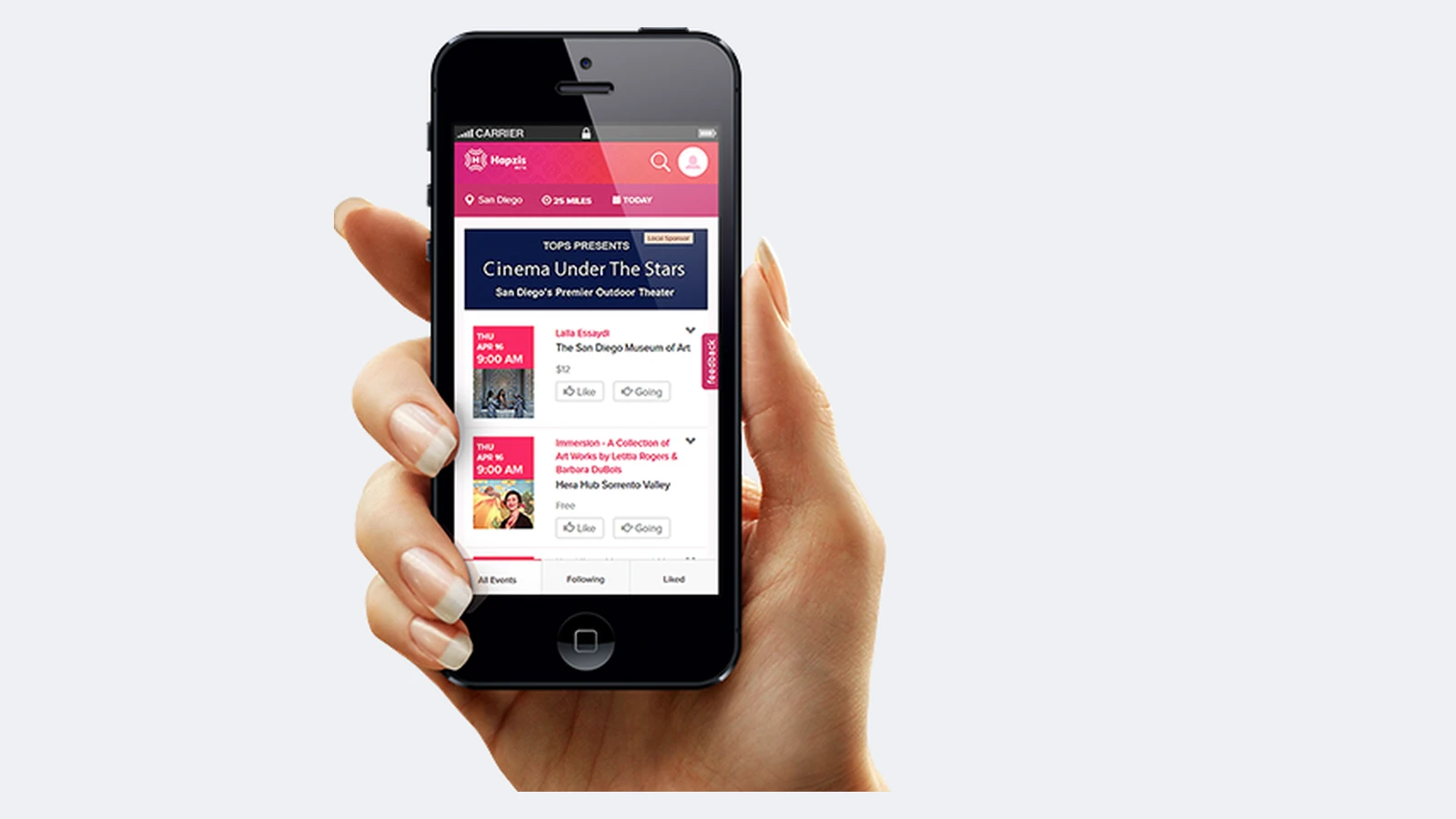 The Hapzis social-events app on a phone — a location-based feed of nearby events.
