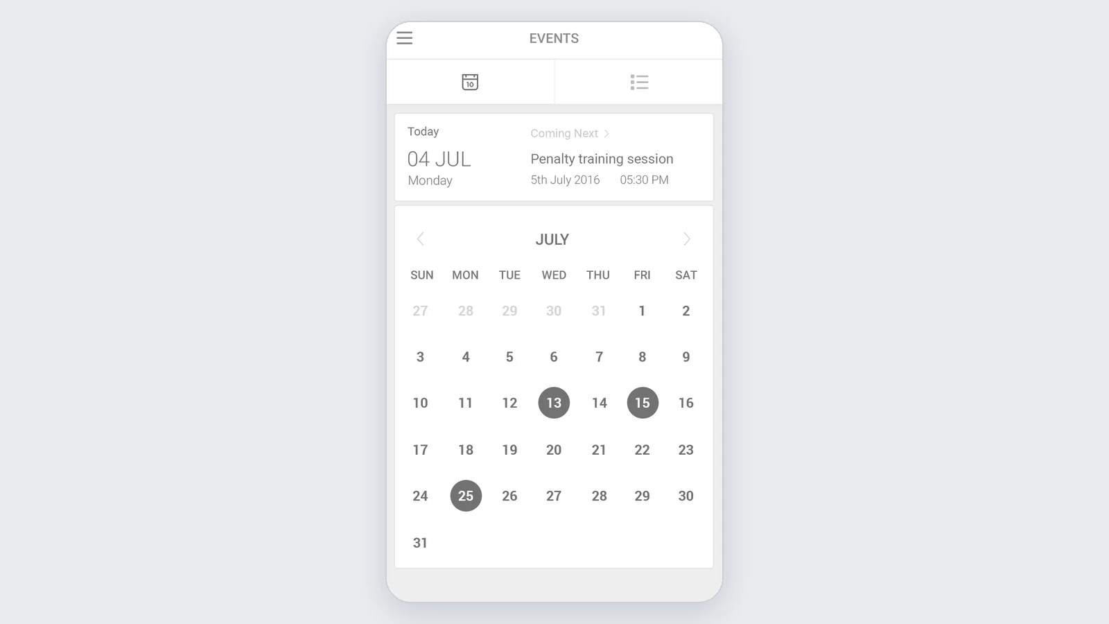 A mobile wireframe of the team calendar: today's date, the next training session, and a month view with event days highlighted.
